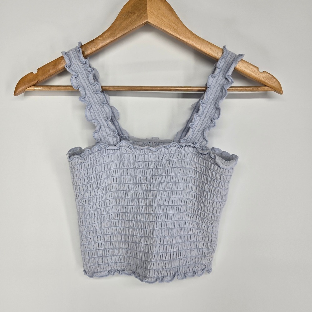 Hollister Smocked Tank Top Womens Small Light Blue Ruffle Strap Crop Cami Summer